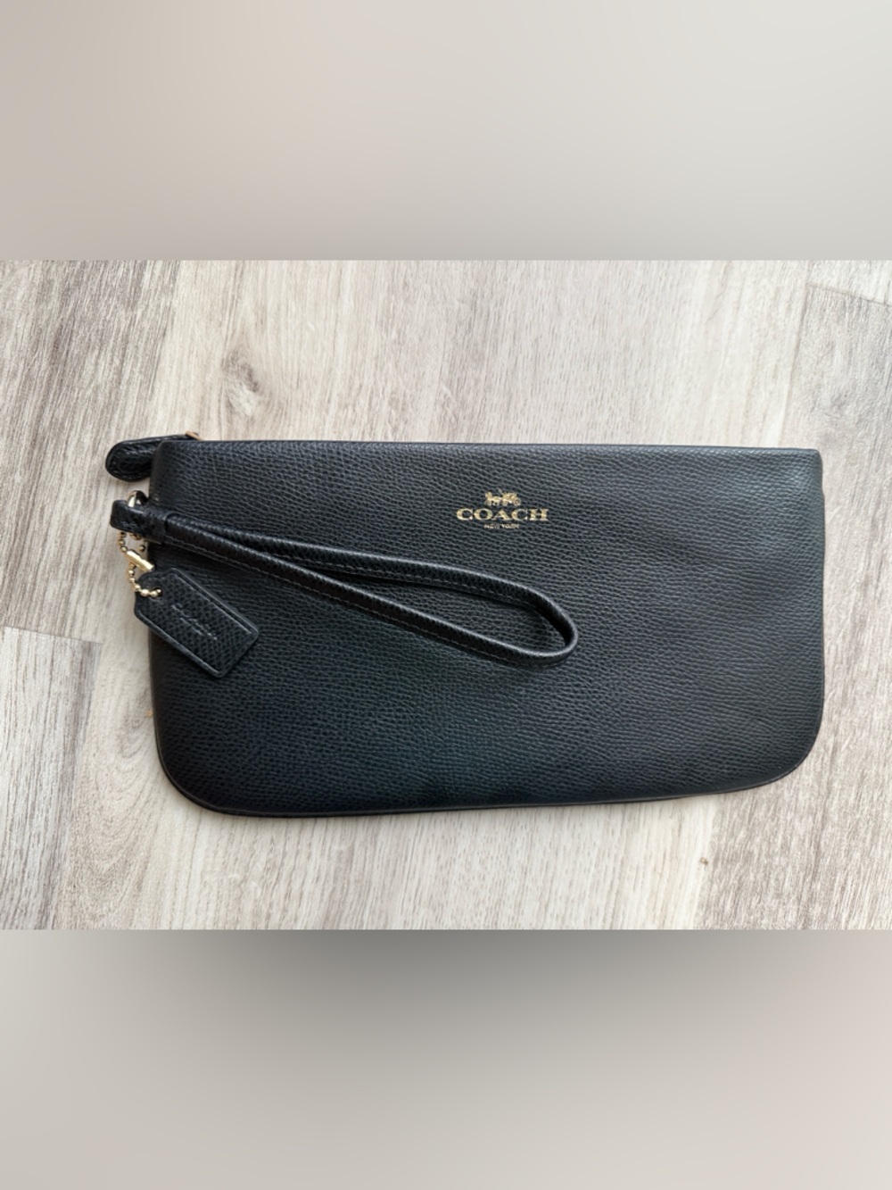 Coach Black Pebbled Leather Wristlet with Gold Hardware